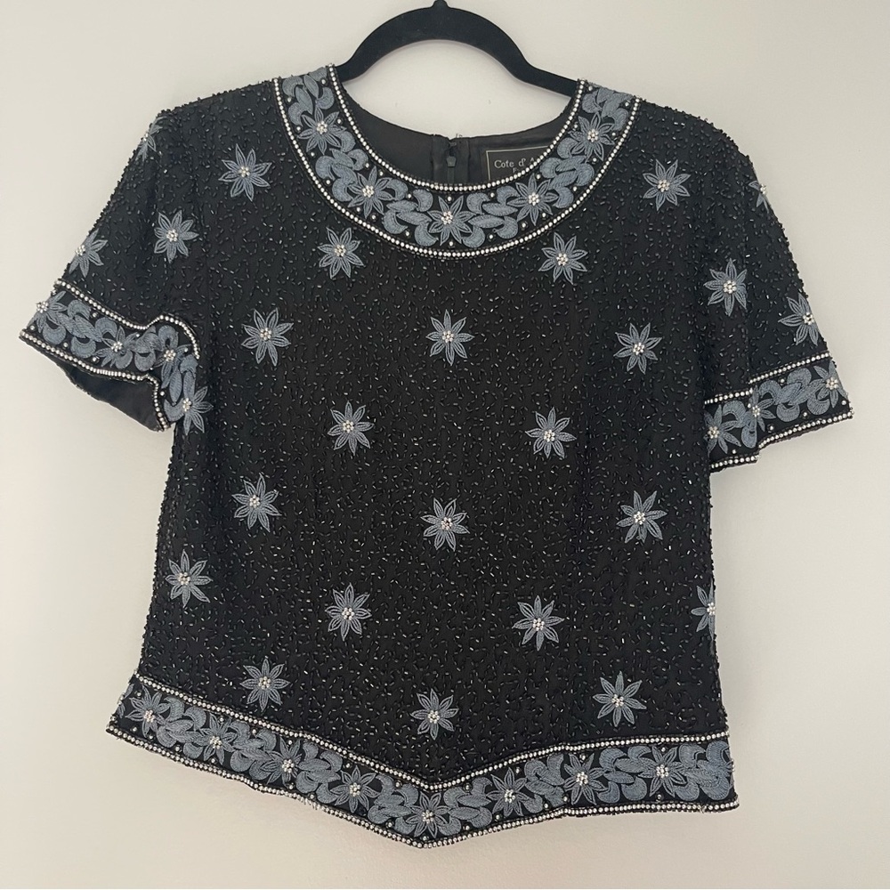 Elegant Black and Gray 100% silk beaded Blouse-medium women’s